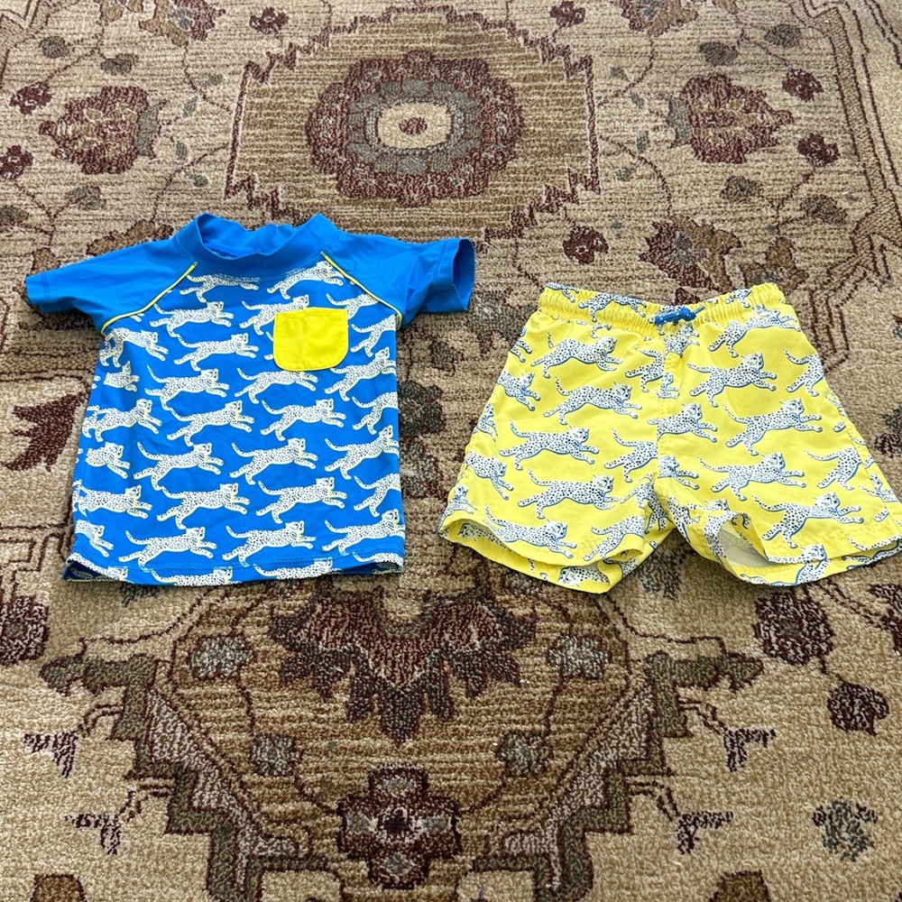 Mini Boden 2-3Y swim trunks and rash guard cheetah